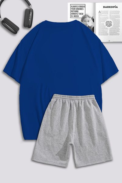 Boi Sax Blue Gray Eternal Glory T-Shirt Shorts Combination Suit - Printed Oversize Crew Neck