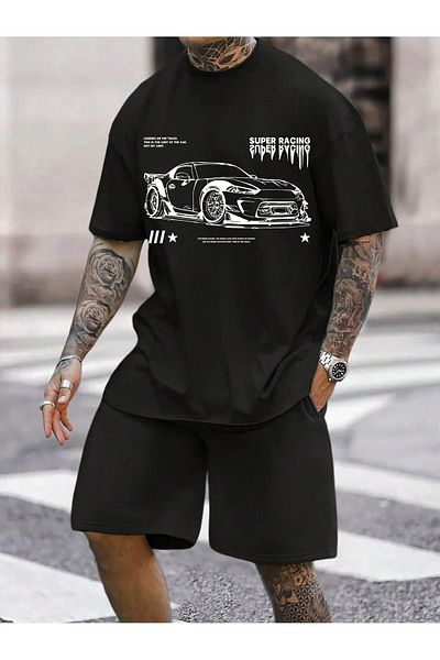 Boi Super Racing T-Shirt Shorts - Black Shorts T-Shirt Bottom Top Set Printed Crew Neck