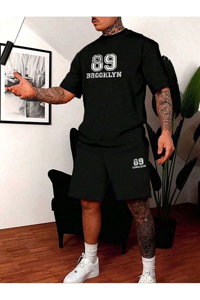 Boi 89 Brooklyn T-Shirt Shorts - Black Shorts T-Shirt Top Bottom Set Printed Crew Neck