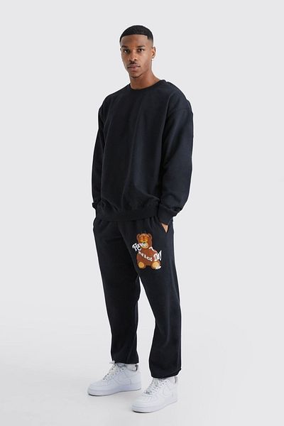 Boi Flame-Eyed Bear Tracksuit Set - Black Printed Suit Jogger Sweatshirt Elastic Leg Crew Neck
