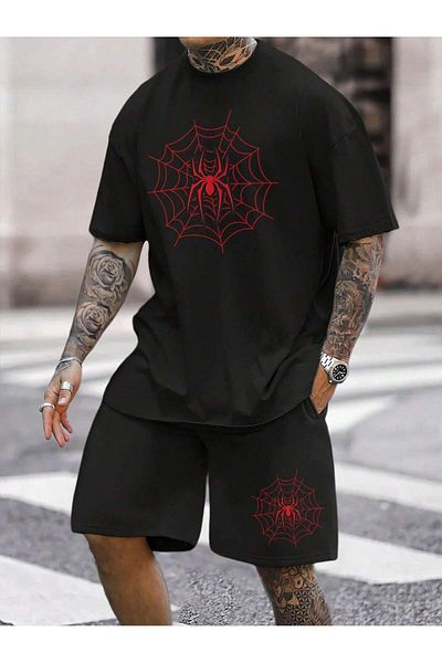 Boi Spider Web T-Shirt Shorts - Black Shorts T-Shirt Bottom Top Set Printed Crew Neck