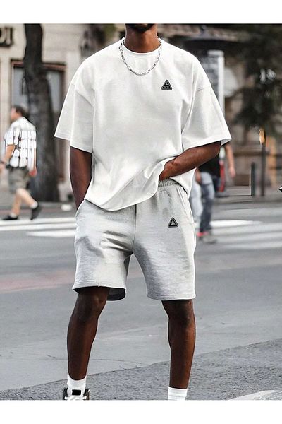 Boi Triangle Ufo Logo T-Shirt Shorts - White Grey Shorts T-Shirt Bottom Top Set Printed Crew Neck