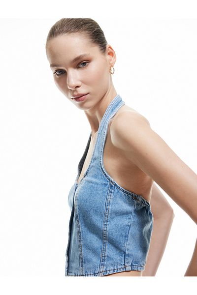 Koton New Season Halter Neck Buttoned Slim Fit Sleeveless Crop Denim Top