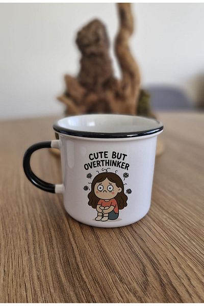 DİLAHOME Porcelain Mug with "Cute but Overthinker" Design - Funny & Motivational Gift