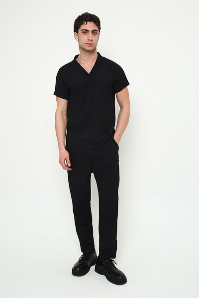 Boi Men's Black Wrinkled Crinkle Fabric T-Shirt and Pantalon Set – Summer Lycra Short Sleeve Baby Collar