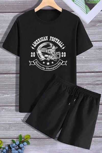 Boi American Football T-Shirt Shorts Combination Set 2 Piece - Black Printed Oversize Crew Neck