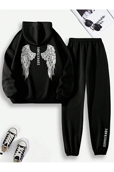 LUMSHİNE Dark Angel Wing Bottom Top Tracksuit Set - Black Printed Oversize Ru...