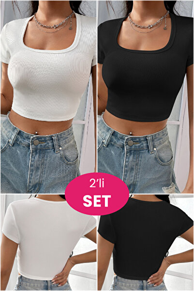 Imoda Kadın Siyah ve Beyaz 2'li Paket Yarım Kol Düz Yaka Crop Top Bluz