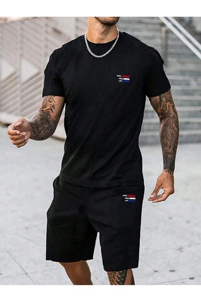 Boi Mind Life T-Shirt Shorts - Black Shorts T-Shirt Bottom Top Set Printed Crew Neck