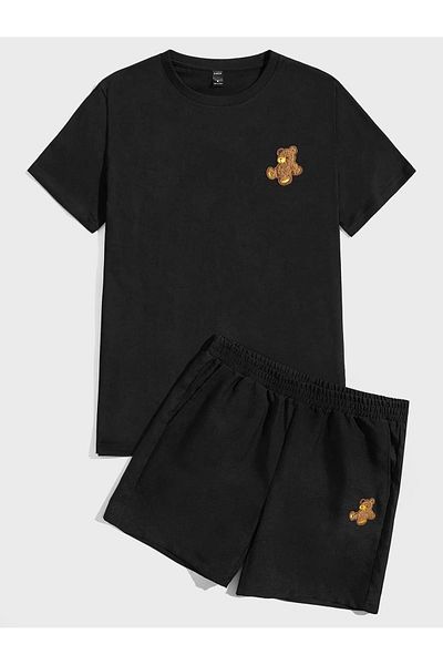 Boi Teddy Bear T-Shirt Shorts Combination Set 2 Pieces - Black Printed Oversize Crew Neck