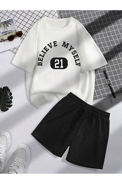 Boi Believe 21 T-Shirt Shorts Combination Set - White Black Printed Oversize Crew Neck