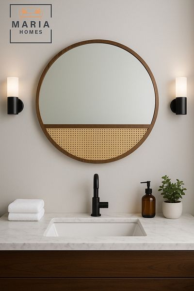 MARIA HOMES Round Wall Mirror 60cm – Dark Wood Frame With Rattan Accent