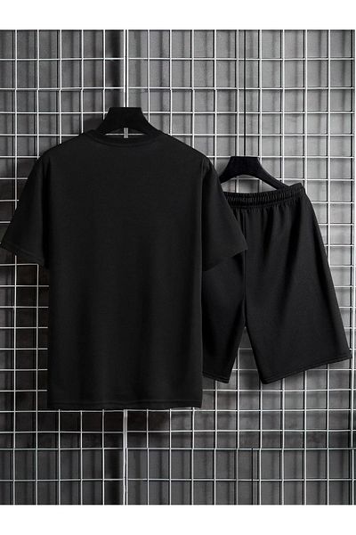 Boi New York Line T-Shirt Shorts Combination Set - Black Printed Oversize Crew Neck