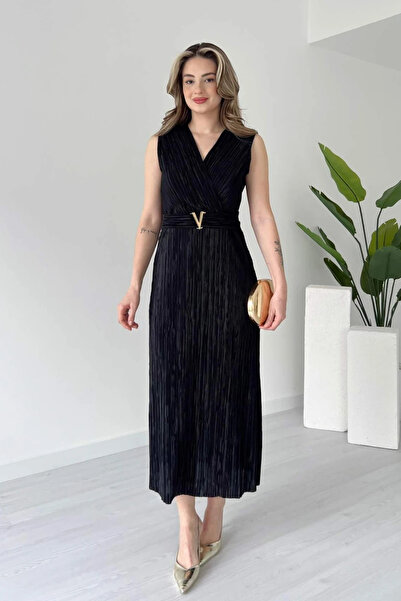 KauFurn Kruvaze Yaka Bel Aksesuarlı Piliseli Midi Elbise