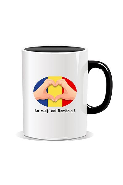 OEM Personalized mug for December 1st, Heart in hands with the Romanian flag - Black interior