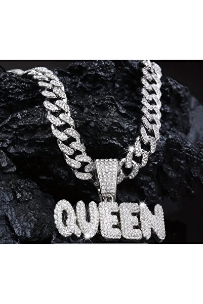 La Saade Royal Queen-Y2k Hip Hop Queen Gümüş Rengi Küba Chain Kolye