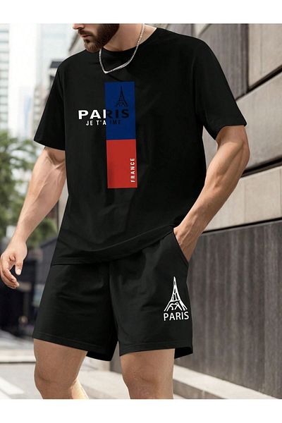 Boi Paris Je T'aime T-Shirt Shorts - Black Shorts T-Shirt Top Bottom Set Printed Crew Neck