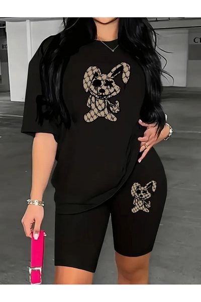 Boi Bottom-Top Rabbit Printed Short Leggings T-Shirt Oversize Loose Boyfriend Set