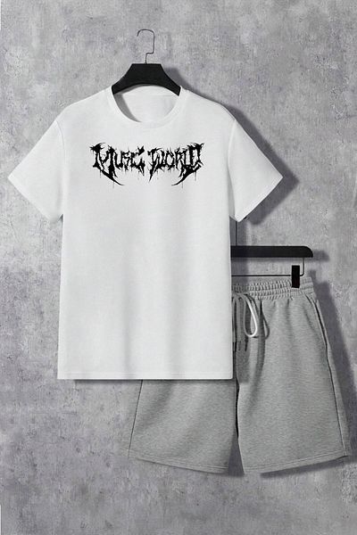 Boi Pattern T-Shirt Shorts - White Grey Shorts T-Shirt Bottom Top Set Printed Crew Neck