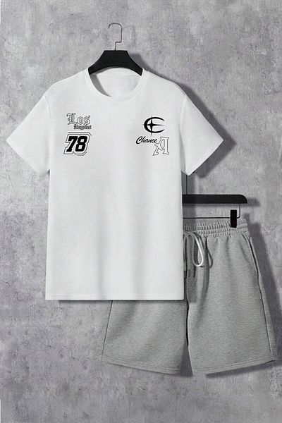 Boi Los Angeles a 78 T-Shirt Shorts - White Grey Shorts T-Shirt Bottom Top Set Printed Crew Neck
