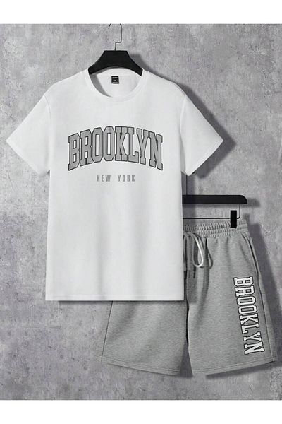 Boi Brooklyn Shorts T-Shirt - White Gray Printed Top and Bottom Set Crew Neck