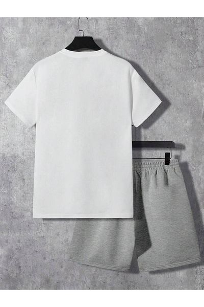Boi Brooklyn Shorts T-Shirt - White Gray Printed Top and Bottom Set Crew Neck