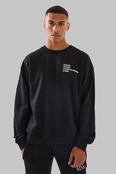 Boi Offical Man Tracksuit Set - Black Printed Suit Jogger Sweatshirt Elastic Leg Crew Neck