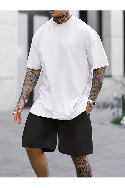 Boi Basic Plain T-Shirt Shorts - White Black Shorts T-Shirt Bottom Top Set Crew Neck