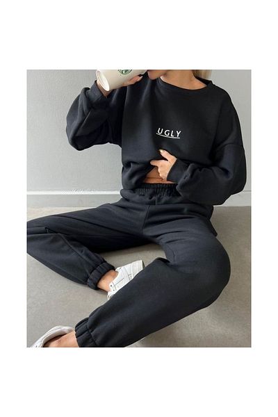 Boi Ugly Tracksuit Set - Black Printed Suit Jogger Sweatshirt Elastic Leg Crew Neck