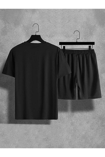 Boi Black Vertical Design T-Shirt Shorts Combination Set - Printed Oversize Crew Neck
