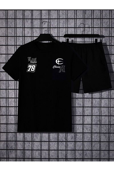 Boi Los Angeles a 78 T-Shirt Shorts - Black Shorts T-Shirt Bottom Top Set Printed Crew Neck