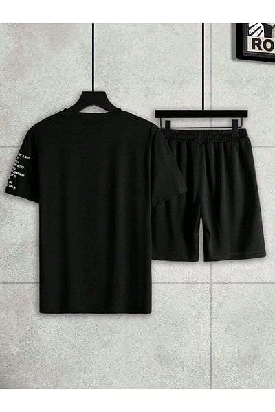 Boi The Dream Collar Detail T-Shirt Shorts - Black Shorts T-Shirt Bottom Top Set Printed Crew Neck
