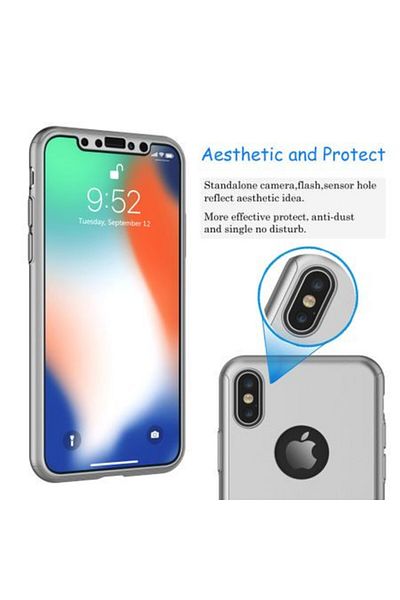 OEM Carcasă Apple iPhone XS, Full Body argintie, acoperire completă la 360 de grade cu folie de protecție din sticlă gratuită