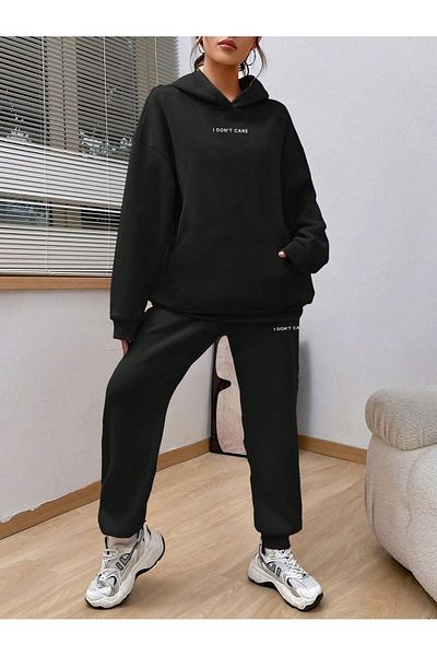Boi I Dont Care Lower Upper Tracksuit Set - Black Printed Oversize Rubber Leg Hoodie