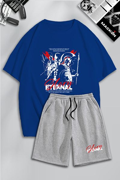 Boi Sax Blue Gray Eternal Glory T-Shirt Shorts Combination Suit - Printed Oversize Crew Neck