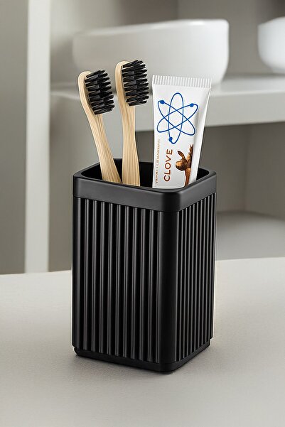 Sas Haus مجموعة أدوات الحمام السوداء من سلسلة Lines، حامل فرشاة أسنان مكون من 3 قطع، وموزع صابون سائل، ومجموعة ملحقات موزع الصابون الصلب 34