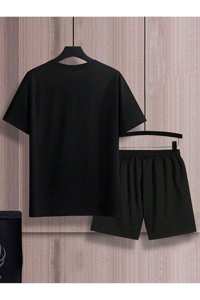 Boi Paris Text T-Shirt Shorts Combination Set - Black Printed Oversize Crew Neck