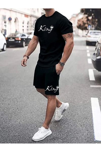 Boi King Text T-Shirt Shorts Combination Set - Black Printed Oversize Crew Neck
