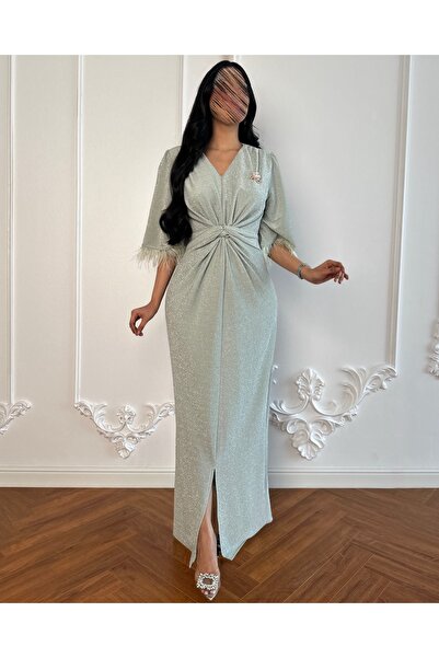 toog فستان لامع تفصيله معقودة عند الخصر نهاية الاكمام بريش ناعم