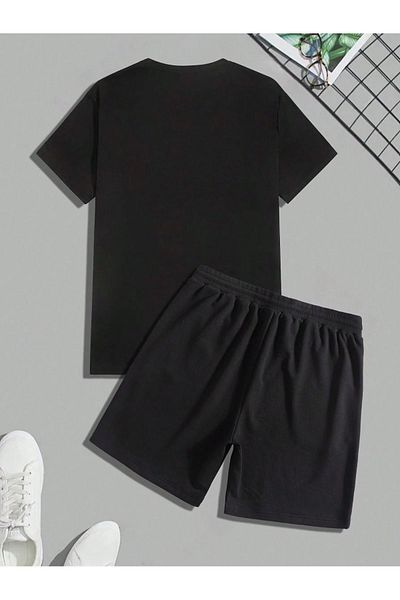 Boi Strong Bull Pattern T-Shirt Shorts - Black Shorts T-Shirt Top and Bottom Set Printed Crew Neck