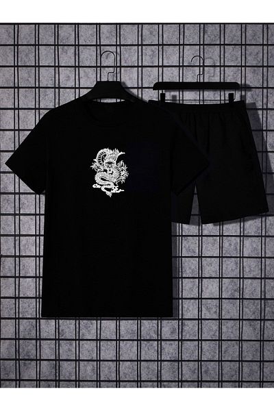 Boi Dragon T-Shirt Shorts - Black Shorts T-Shirt Bottom Top Set Printed Crew Neck