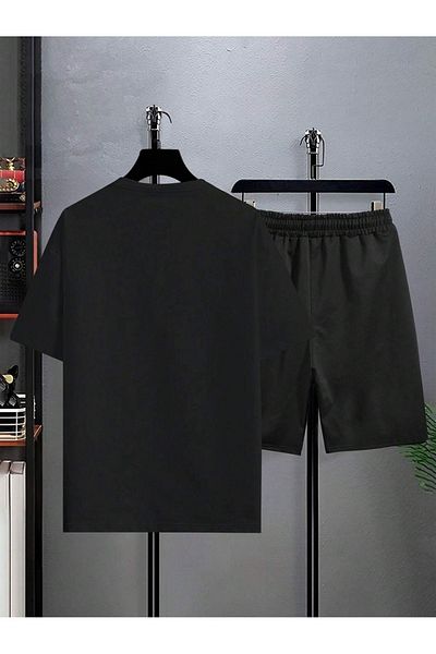 Boi Boston International T-Shirt Shorts Combo Set - Black Printed Oversized Crew Neck