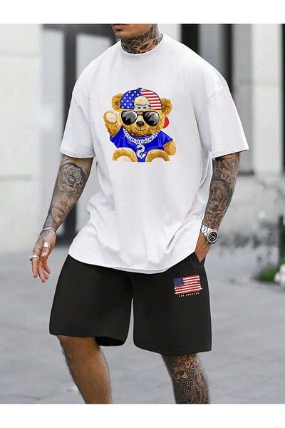 Boi American Bear T-Shirt Shorts - White with Black Shorts T-Shirt Top and Bottom Set Printed Crew Neck