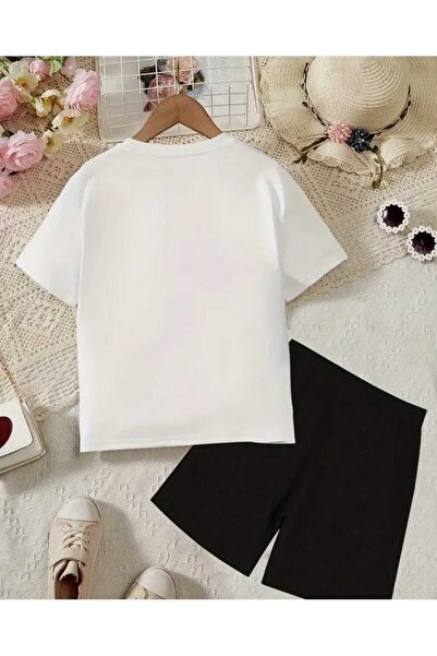 Renna Mood Girl's White-Black Simple Joy Floral Printed Shorts-Tshirt Set