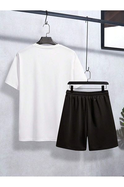 Boi Live with Smile T-Shirt Shorts - White Black Shorts T-Shirt Bottom Top Set Printed Crew Neck