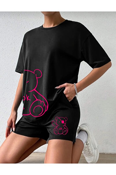 Boi WOMEN'S Printed Short Shorts T-Shirt Set Combination Oversize Relaxed Fit