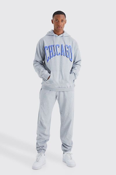 Boi Chicago Tracksuit - Gray Printed Suit Jogger Sweatshirt Rubber Leg Hooded