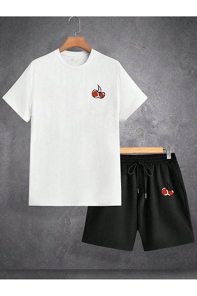 Boi Cherry Pattern T-Shirt Shorts - White with Black Shorts T-Shirt Top and Bottom Set Printed Crew Neck