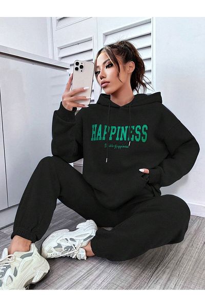 Boi Happiness Lower Upper Tracksuit Set - Black Printed Oversize Rubber Leg Hoodie