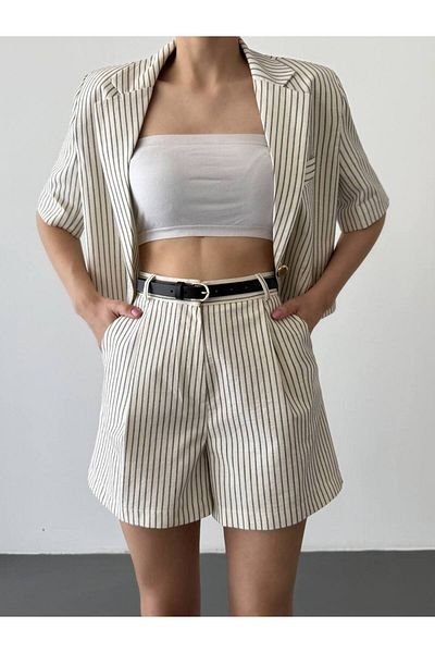 Ecenin Favorileri Jacket Shorts Striped Belt Suit